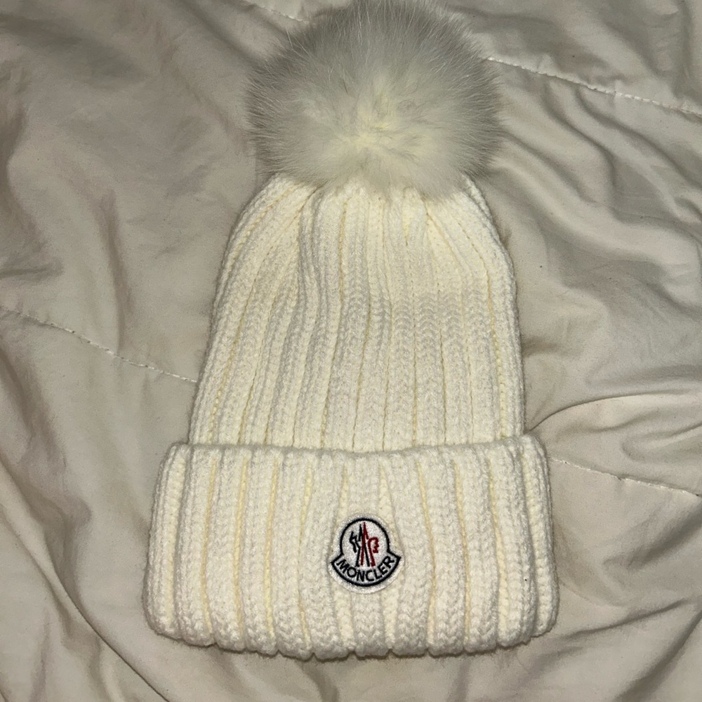 White Moncler beanie with Pom Pom